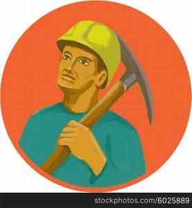 Watercolor style illustration of a coal miner wearing hardhat holding pick axe on shoulder looking to the side set inside circle.. Coal Miner Pick Axe Circle Watercolor