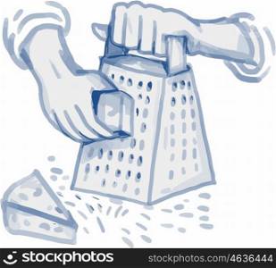Watercolor style illustration of a hand grating cheese on a handheld cheese grater viewed from front set on isolated white background. . Handheld Cheese Grater Grating Watercolor