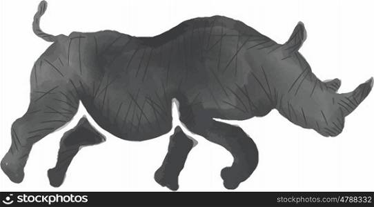Watercolor style illustration of a silhouette of a rhinoceros running view from the side set on isolated white background.