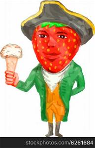 Watercolor style illustration of a victorian gentleman with strawberry head wearing tricorn hat holding ice cream facing front set on isolated white background. &#xA;