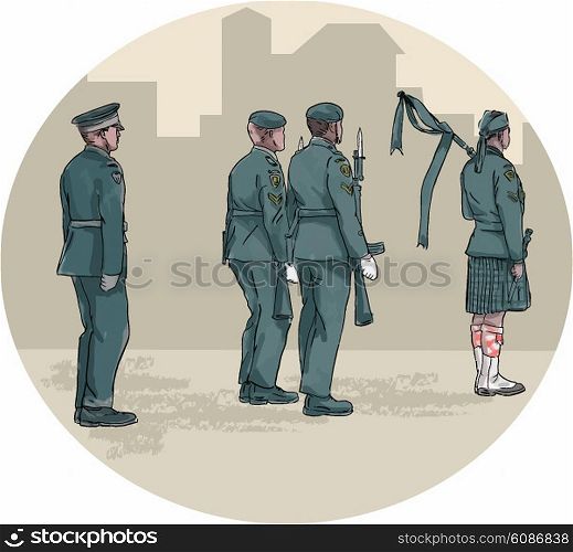 Watercolor style illustration of soldiers with rifle and bagpiper wearing kilt and playing bagpipes marching viewed from side with buildings in background set inside circle.. Soldier Bagpiper Marching Circle Watercolor