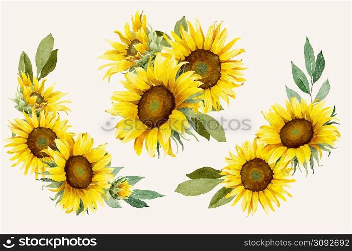 Watercolor sunflowers bouquets collection