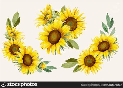 Watercolor sunflowers bouquets collection