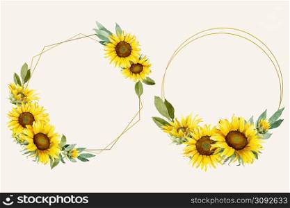 Watercolor sunflowers with golden frames