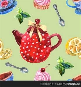 Watercolor tea seamless pattern with teapot lemon and mint vector illustration. Watercolor Tea Seamless Pattern