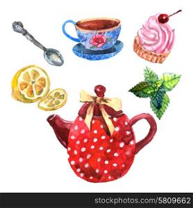 Watercolor tea set with cup teapot spoon and dessert isolated vector illustration. Watercolor Tea Set