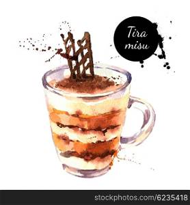 Watercolor tiramisu dessert with cinnamon coffee and chocolate in glass. Isolated food illustration on white background