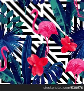 Watercolor tropic pink flamingos and orchid with of trendy blue floral plant jungle palm banana leaf Wallpapers paradise beach summer bird seamless vector pattern. Black and white geometric background
