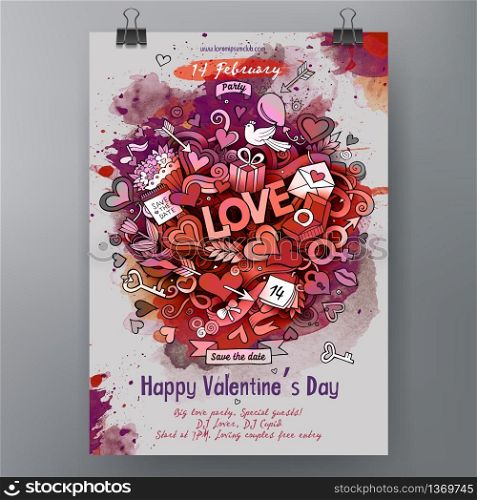 Watercolor vector hand drawn Doodle Happy Valentines Day poster design. All objects are separated. Watercolor vector hand drawn Doodle Happy Valentines Day poster design