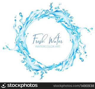 Watercolor water splashes, round wreath, hand drawn vector watercolor illustration