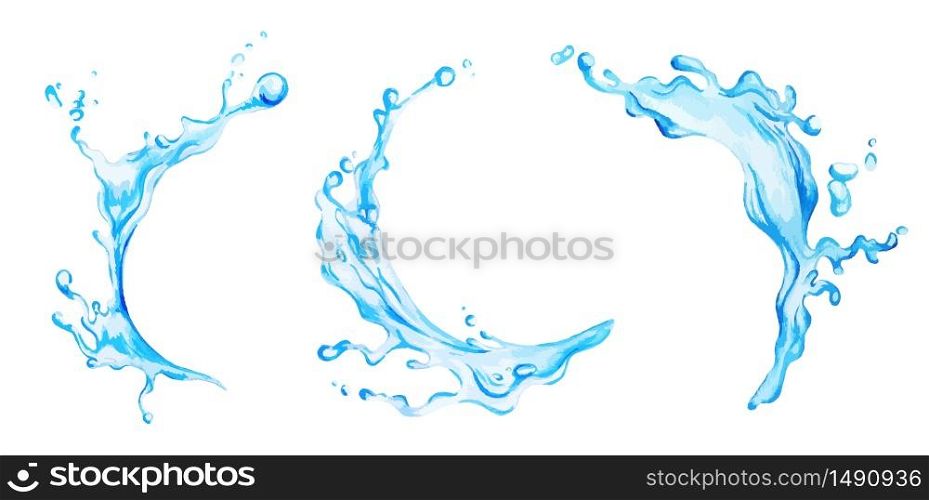 Watercolor water splashes, set of thrree, hand drawn vector watercolor illustration
