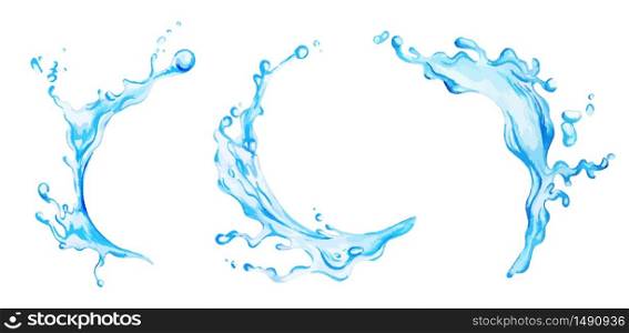 Watercolor water splashes, set of thrree, hand drawn vector watercolor illustration