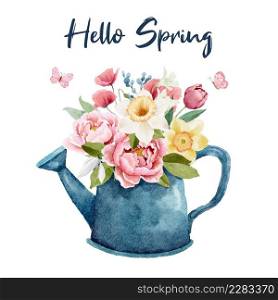 Watercolor watering can with spring flowers