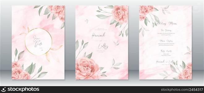 Watercolor wedding invitation card template elegant of pink background with rose bouquet and gold