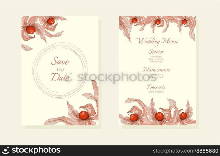 Watercolor wedding invitation with physalis. Wedding template. Vector hand drawn illustration. Watercolor wedding invitation with physalis. Wedding template.