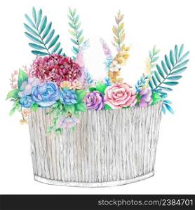 Watercolor wood bucket with spring easter decoration. Vector illustration.
