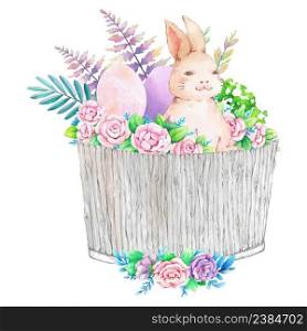 Watercolor wood bucket with spring easter decoration. Vector illustration.
