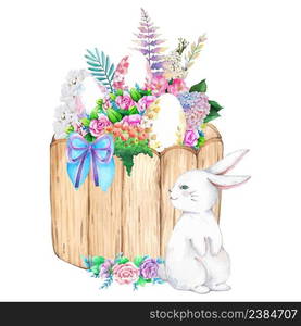 Watercolor wood bucket with spring easter decoration. Vector illustration.