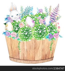 Watercolor wood bucket with spring easter decoration. Vector illustration.