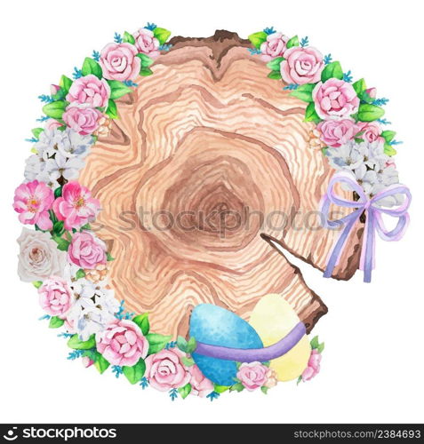 Watercolor wooden frame with spring easter decoration. Vector illustration.