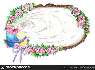 Watercolor wooden frame with spring easter decoration. Vector illustration.