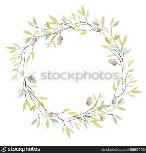 Watercolor Wreath with Oak Acorn and Leaves. Isolated on White Background. Vector Illustration.