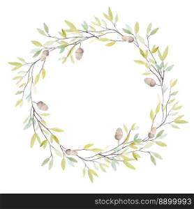 Watercolor Wreath with Oak Acorn and Leaves. Isolated on White Background. Vector Illustration.