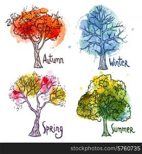 Watercolor year seasons tree decorative icons set isolated vector illustration. Watercolor Tree Set