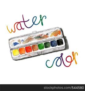 Watercolors and paintbox. Rainbow watercolor palette. Vector hand painting isolated. Watercolors and paintbox. Rainbow watercolor palette. Vector hand paint isolated