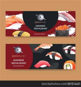 Watercolour illustration design with Creative sushi-themed  for banners, advertisement and leaflet.