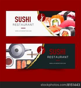 Watercolour illustration design with Creative sushi-themed  for banners, advertisement and leaflet.