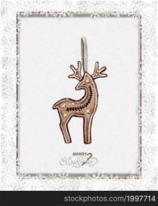 Watercolour painting of a Christmas decoration of Reindeer Gingerbread with snowflakes paper art and golden picture frame, Invitation or greeting card for Chrismast holiday background