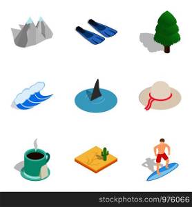 Watercourse icons set. Isometric set of 9 watercourse vector icons for web isolated on white background. Watercourse icons set, isometric style