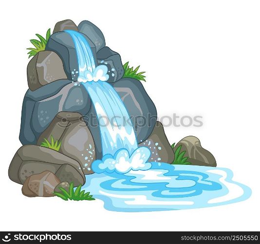 Waterfall among rocks. Cascade shimmers downward. Water flowing. Vector illustration in cute cartoon style isolated on white background. For print, design, advertising, cards, stationery and textiles. Waterfall in cartoon style vector isolated illustration