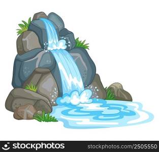 Waterfall among rocks. Cascade shimmers downward. Water flowing. Vector illustration in cute cartoon style isolated on white background. For print, design, advertising, cards, stationery and textiles. Waterfall in cartoon style vector isolated illustration