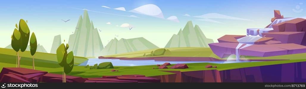Waterfall cascade at beautiful nature cartoon panoramic landscape. River stream flowing from rocks and fall to creek or lake with green hills and trees around. Wild summer area, Vector illustration. Waterfall cascade at beautiful nature landscape