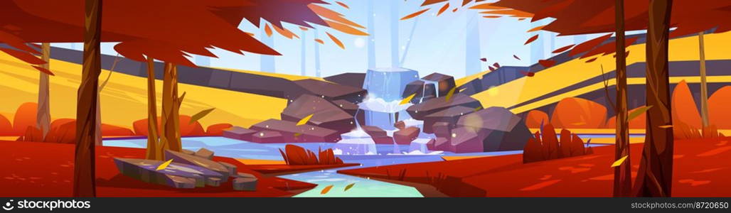 Waterfall cascade in autumn forest. Cartoon landscape with river stream flowing from rocks to river under sun light and colorful orange tree branches. Panoramic 2d game background, Vector illustration. Waterfall in autumn forest, cartoon 2d landscape