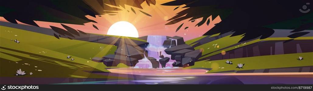 Waterfall cascade in forest at sunset time. Cartoon landscape with river stream flowing from rocks to lake under sun light and tree branches at dusk. Panoramic 2d game background, Vector illustration. Waterfall cascade in forest at sunset time, vector