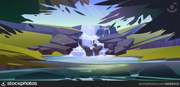 Waterfall cascade in forest cartoon landscape. River stream flowing from rocks to creek or lake under tree branches. Water jet falling through stones and bushes in park or garden, Vector illustration. Waterfall cascade in forest cartoon landscape