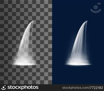 Waterfall cascade realistic water streaming from mountain or falling from cliff with fog, forest clean and natural spring water 3d vector cascades. Garden or river waterfall isolated transparent jets. River, fountain waterfall cascades realistic water
