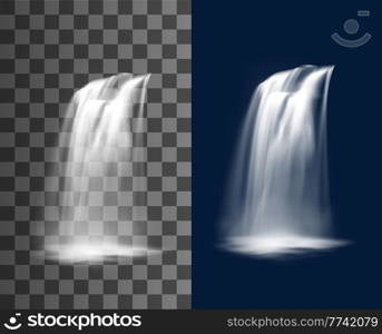 Waterfall cascade, vector pure multiple falling jets. Realistic water fall stream, park fountain or natural cascading 3d element. Falling waterfall, isolated stream with aqua splashes and fog. Waterfall cascade, vector multiple falling jets