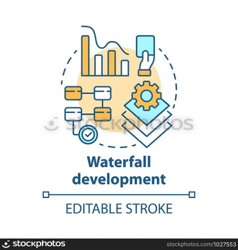 Waterfall development concept icon. Sequential phases of project. Strategy management. Workflow administration idea thin line illustration. Vector isolated outline drawing. Editable stroke
