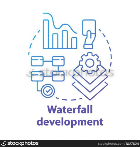 Waterfall development concept icon. Sequential phases of project. Strategy management. Workflow administration idea thin line illustration. Vector isolated outline drawing. Editable stroke. Waterfall development concept icon. Sequential phases of project. Strategy management. Workflow administration idea thin line illustration. Vector isolated outline drawing