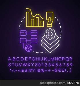 Waterfall development neon light concept icon. Phases of project. Strategy management. Workflow administration idea. Glowing sign with alphabet, numbers and symbols. Vector isolated illustration