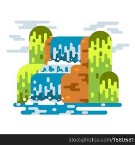Waterfall landscape. Mountain river with cascade. Vector flat cartoon illustration illustration isolated on white background.. Waterfall landscape. Mountain river with cascade. Vector flat cartoon illustration illustration