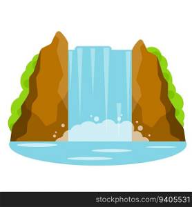 Waterfall on mountain. Rocks and water. Tropical island. Summer season, Southern landscape. Cartoon flat illustration. Pond and lake. Water falls down. Waterfall on mountain. Rocks and water.