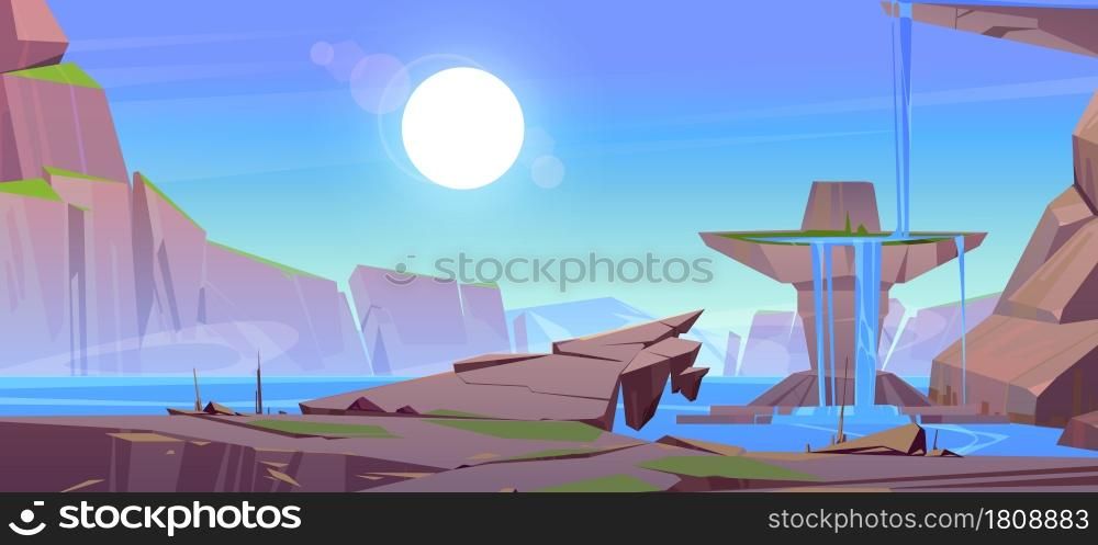 Waterfall scenery landscape, water stream fall from rocky cliff to mountain lake or sea. Falling river jet cascade pour from above to pond with stones around and shining sun, Cartoon Vector background. Waterfall scenery landscape, water stream, rocks