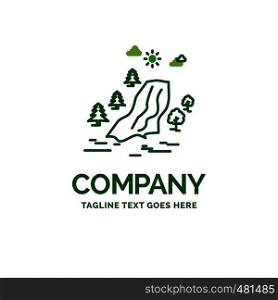 waterfall, tree, pain, clouds, nature Flat Business Logo template. Creative Green Brand Name Design.