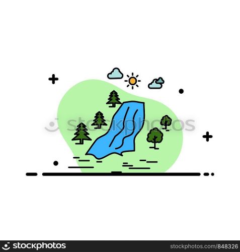 waterfall, tree, pain, clouds, nature Flat Color Icon Vector