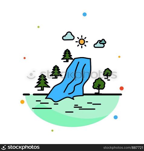 waterfall, tree, pain, clouds, nature Flat Color Icon Vector